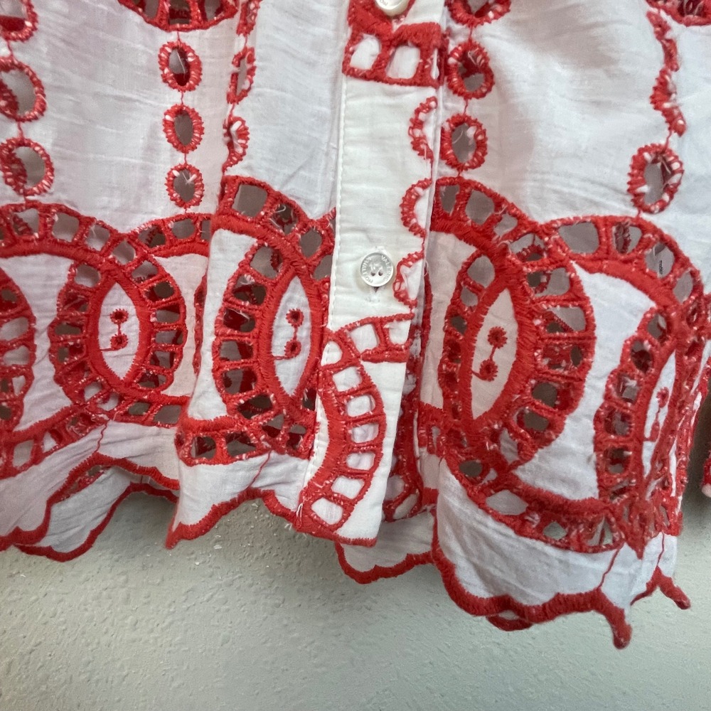 Valerie Khalfon Paris Boho Red White Eyelet Embroidered Button Up 12 Top‎ Shirt - Picture 3 of 9